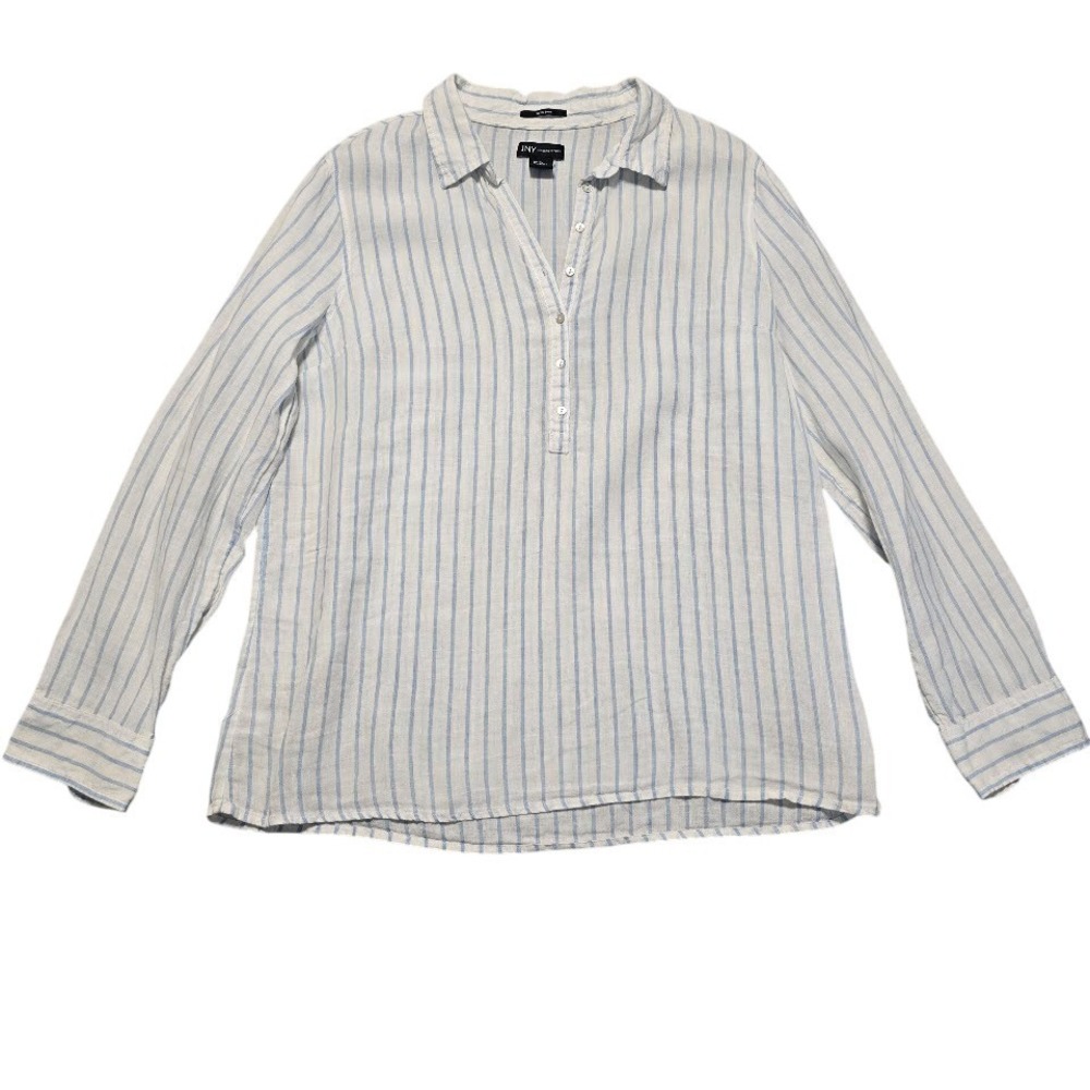 Jones New York Blue White Striped Linen Henley Blouse Women XL Coastal‎ Casual
